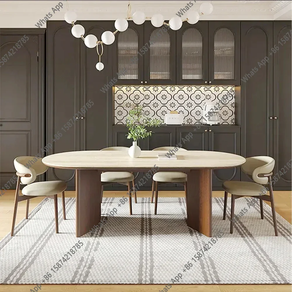 

X French Modern Design High-End Dining Table With Mid-Antique Oval Travertine Slate Bamboo Chair Solid Wood Home Furniture X