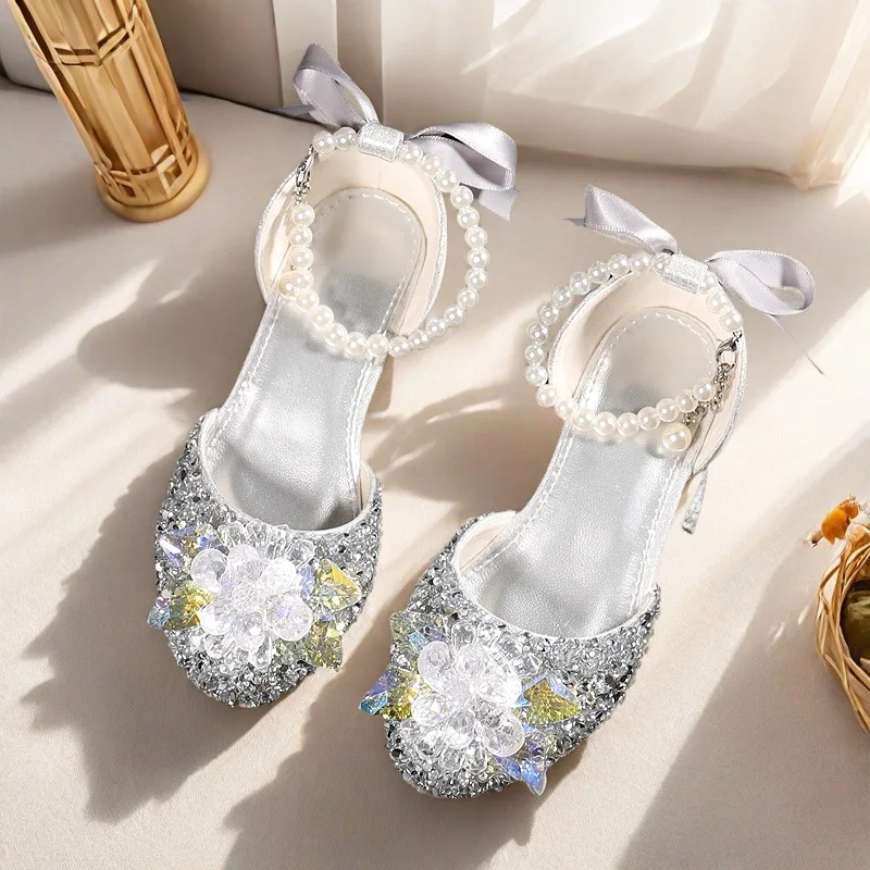 Princess Kids Leather Shoes Diamond Flower Children High Heels Girls Sandals Ankle Beading Decorates Student Party Dance Shoes