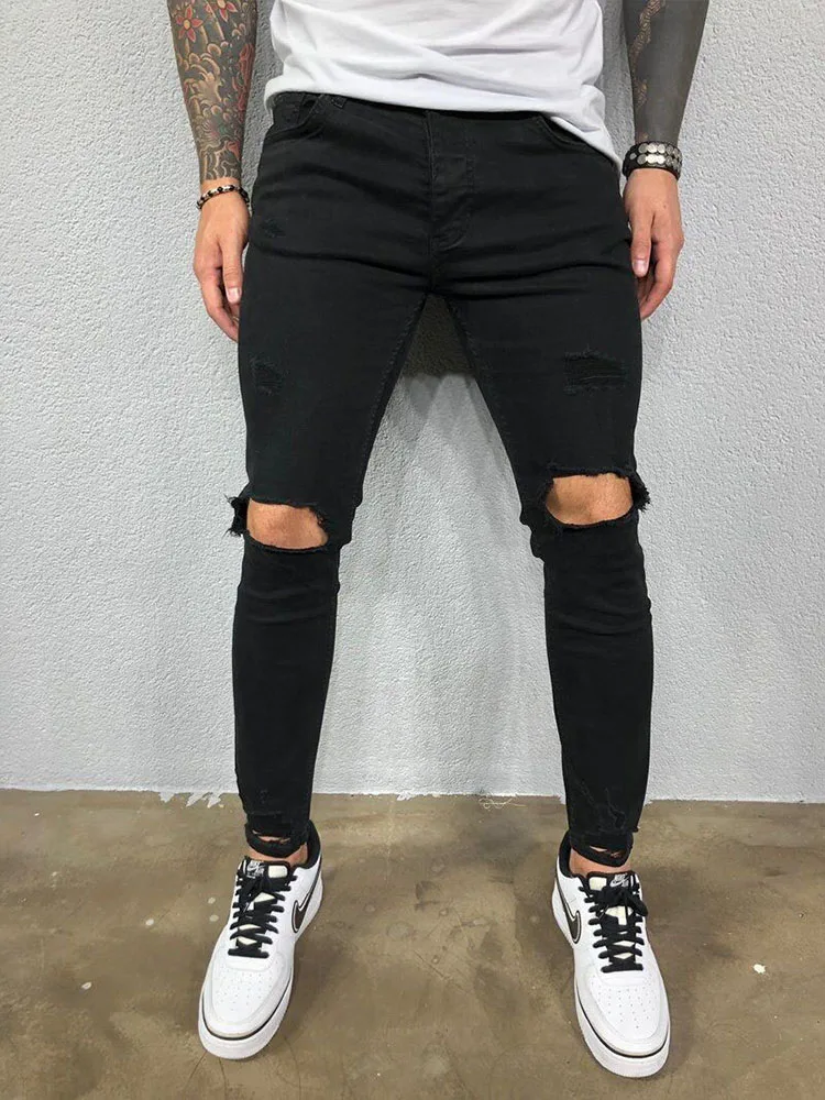 Fashion Street Style Knee Ripped Skinny Jeans Men Vintage Wash Solid Denim Trouser Mens Casual Slim Jogging Pants Men Clothes