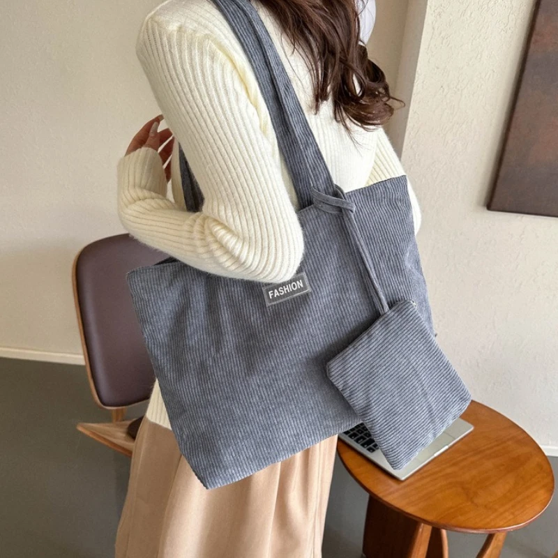 Corduroy Large Capacity Tote Bags with Small Pouch, Fashion Soft Shopping Handbag for School, Work Daily Casual Shoulder Purse