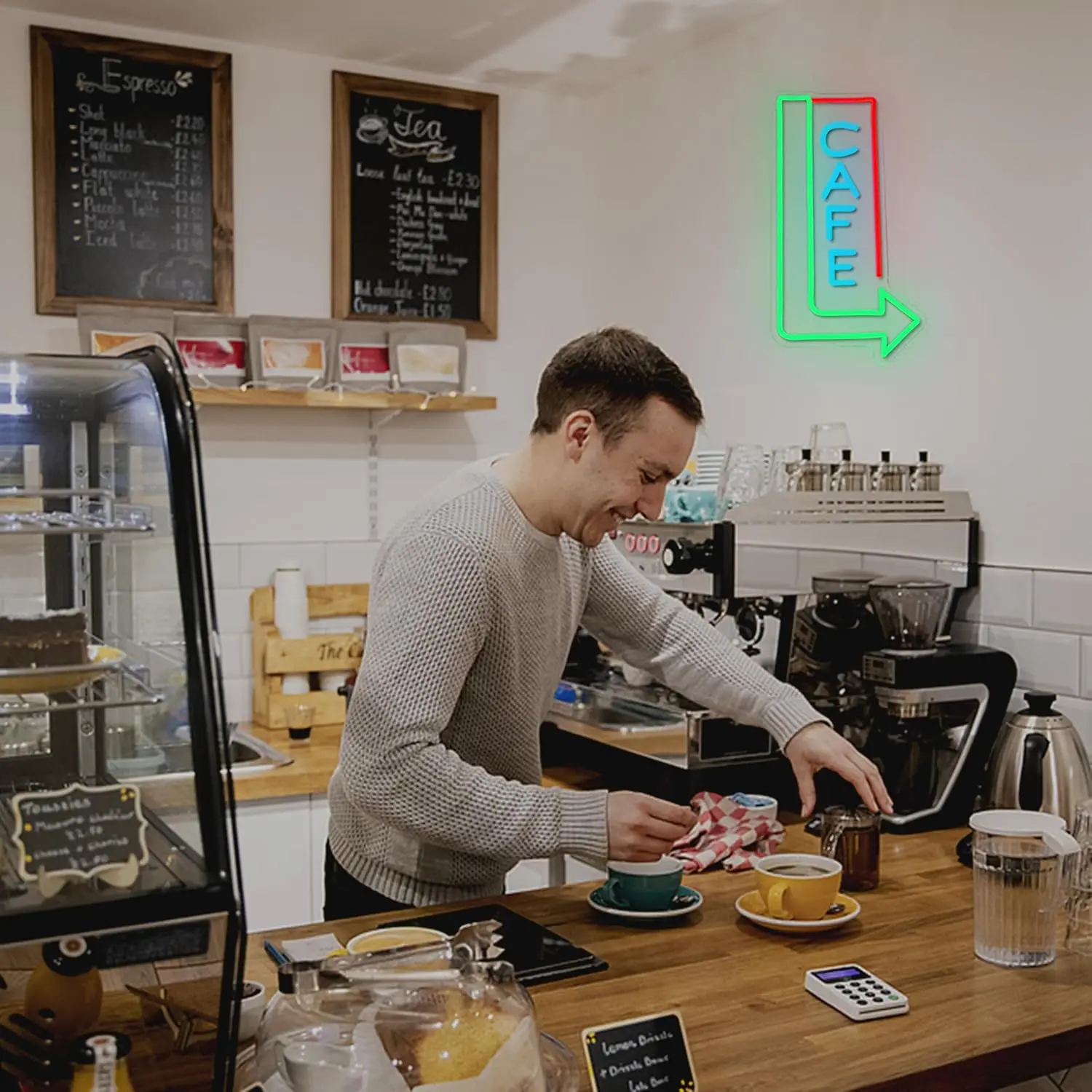 Cafe LED Neon Sign for Wall Decor Coffee Shop Light Dimmable 5/12V USB Green Arrow for Restaurant Bistro Man Cave Coffee Bar