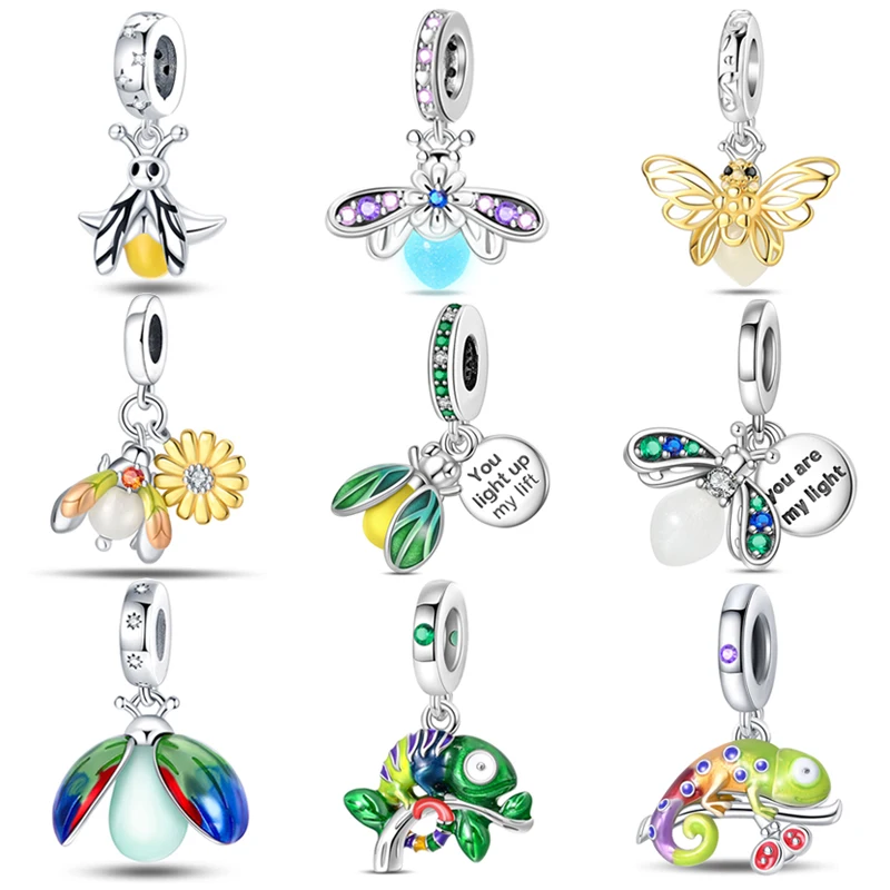 

New Women's Gift 925 Silver Creative Colorful Chameleon Night Glow Firefly Bead Fashion DIY Charm Bracelet Pendant Jewelry