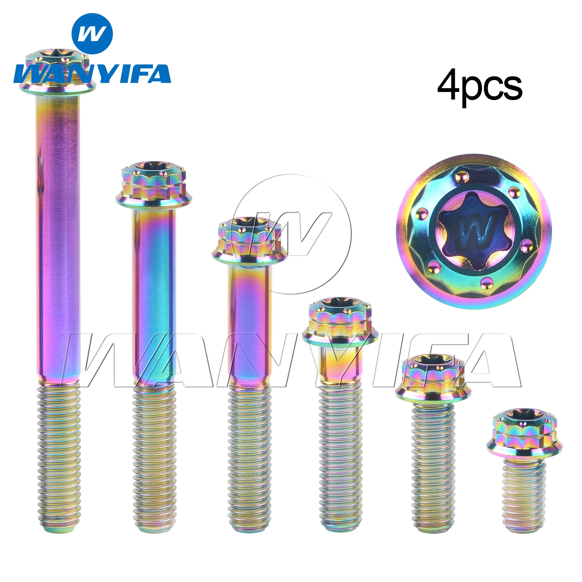 Wanyifa 4pcs Titanium Bolt M10x20 25 30 35 40 45 50 55 60 65 70mm P1.25/1.5 Flange 12-Point Torx Head Screws Rainbow Color