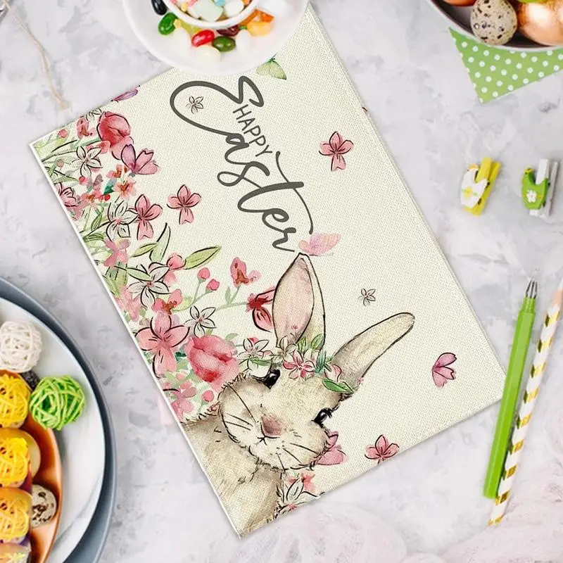 Easter Bunny Placemat Spring Table Mats Linen Placemat Non-Slip Heat Insulation For Easter Spring Holiday Party Home Decor