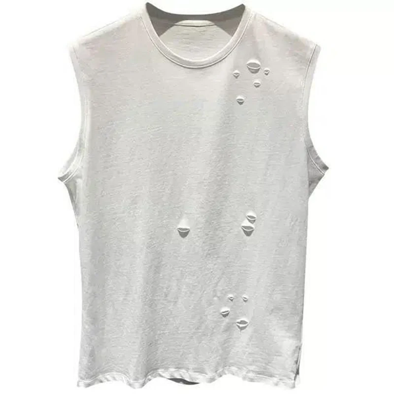 100% Cotton Shrug Sleeveless Ripped Hole Men Tank Top Korean High Street Fashion Trend 2xl Oversized T Shirt Hip Hop Streetwear