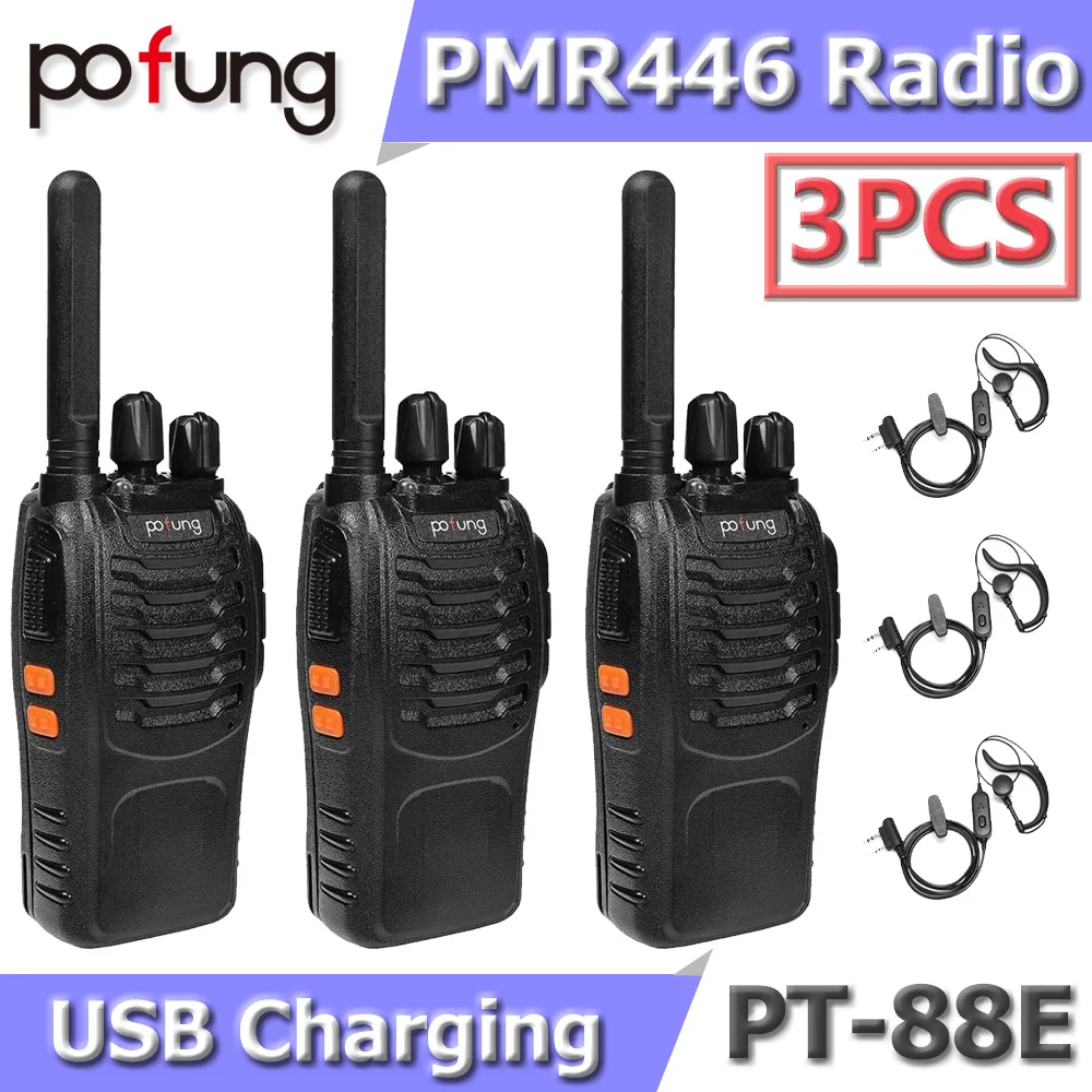 3 uds Pofung PT88E PMR446 Radio portátil 446,00625-446,19375MHz 1500mAh 16CH VOX escáner cargador USB baofeng walkie talkie