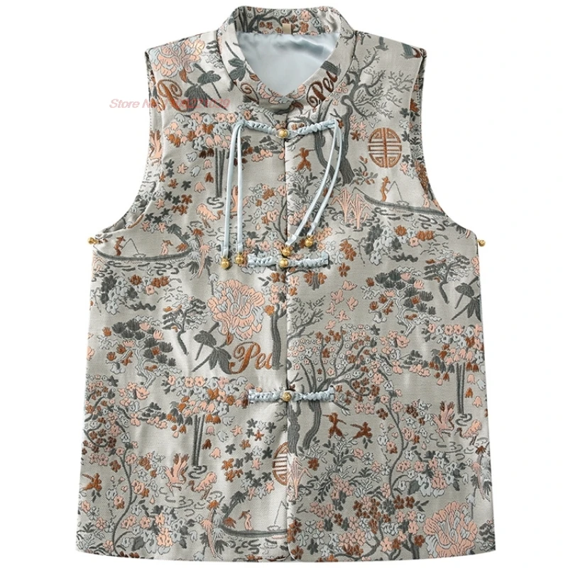 2024 chinese vintage vest national satin jacquard traditional folk waistcoat vintage stand collar vest retro sleeveless jacket