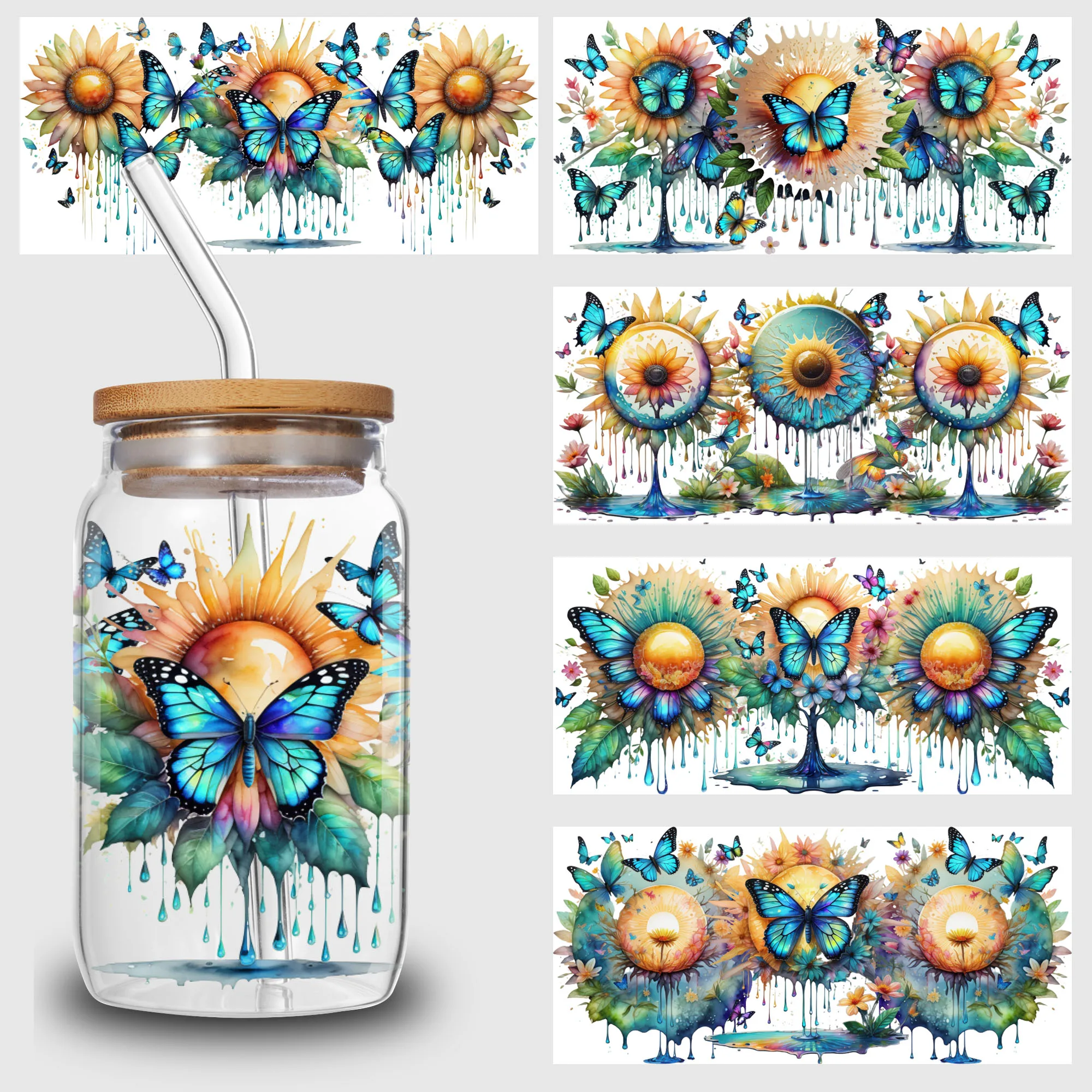 5 Sheets Sunflower Butterfly UV DTF Cup Stickers, Glass Movement DTF Transfer Stickers, Waterproof Beautiful Wipe-On Transfers