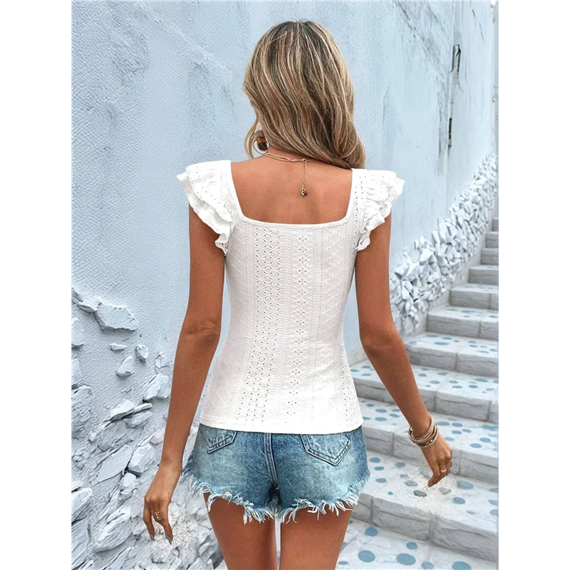

ABRT-Women's Square Neck Sleeveless Tank Top Casual Eyelet Backless Ruffle Cap Sleeve Shirt Blouse White S