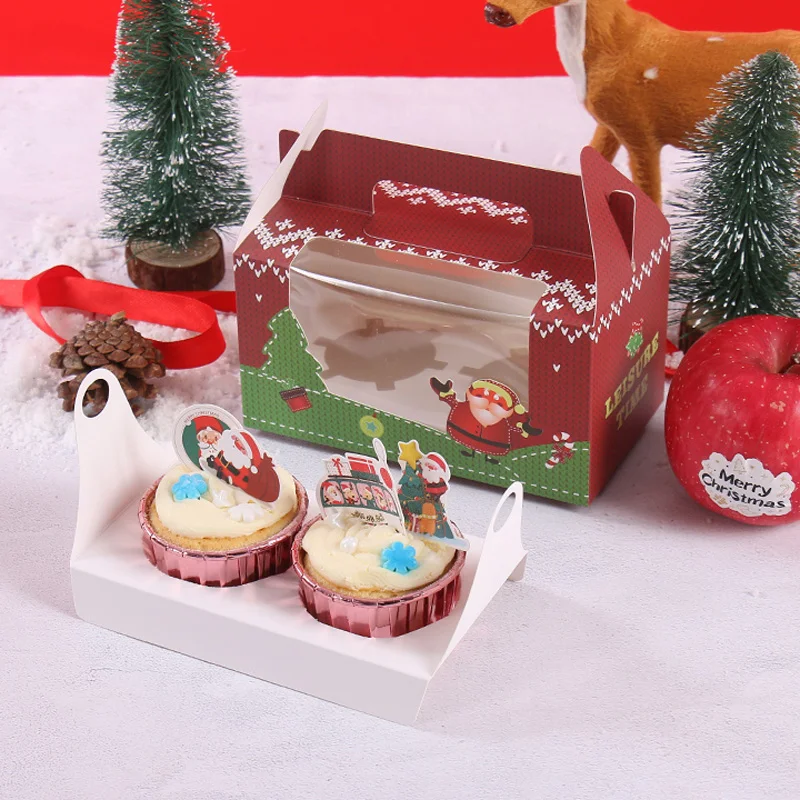 100Pcs/Lot Christmas Cupcake Packaging Boxes 2 Grid Muffin Cupcake Box Handbag