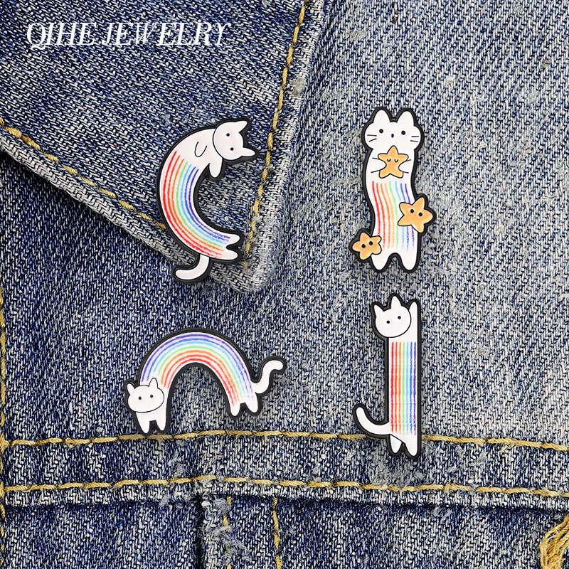 Cute Rainbow Stretched Cat Enamel Pins Playful kawaii Bend Cat Holding Star Brooch Backpack Lapel Badge Jewelry Gift for Friends
