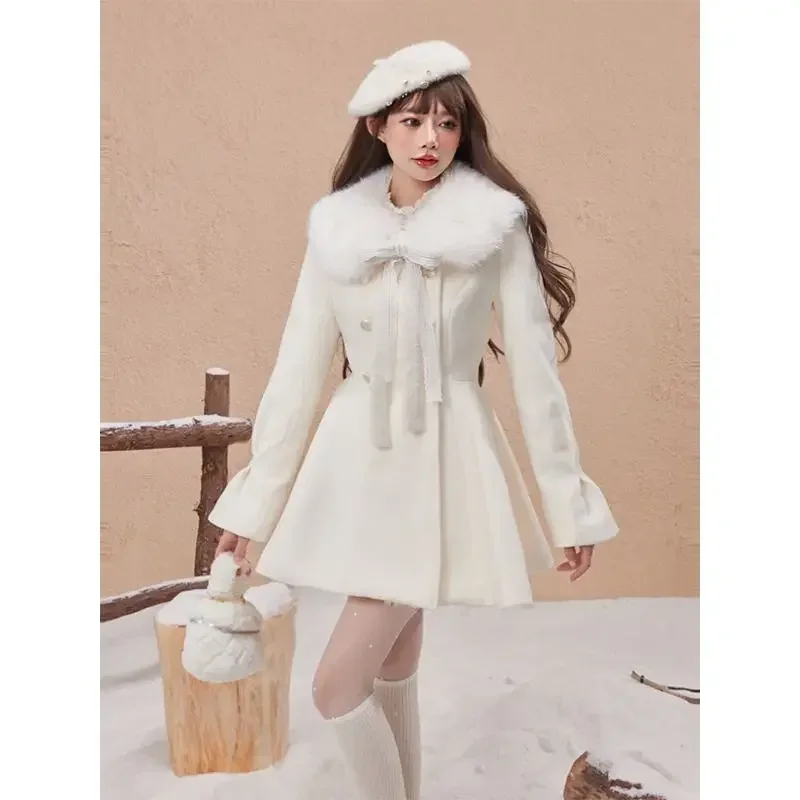 New Wealthy Heiress Fur Collar Waist Slimming Lace Up Wool Coat Women Winter Clothes High End Socialite Warm Mid Lenght Coat