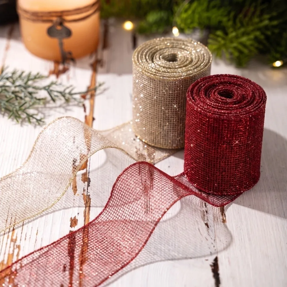 2.5in Wide Christmas Tree Mesh Ribbon Wavy Binding Fish Tail Burlap Christmas Tree Decorations DIY Bowknot Material