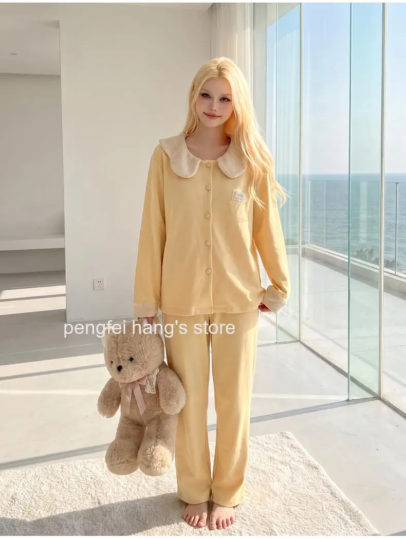 Autumn Winter Women Solid Color Dralon Pajama Set Soft Warm Doll Collar Long Sleeve & Long Pants Homewear Loungewear