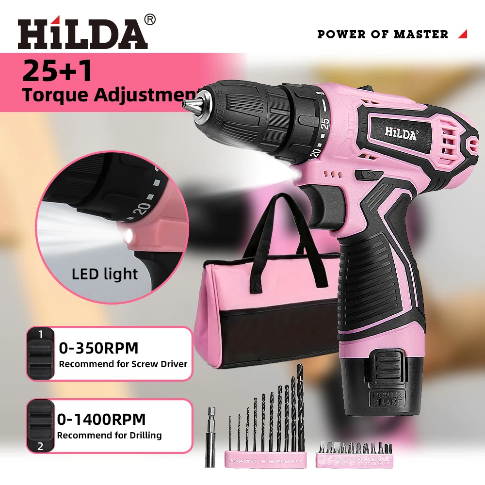 HILDA Pink 12V Cordless Electric Drill Mini Wireless Screwdriver DC Lithium-Ion Battery Power Driver Compact Tool for Home DIY