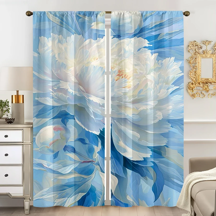 2 Stück mehrfarbige blau-weiße Vorhänge mit Pfingstrosen-Blumenmuster, Stangentaschen-Design für Schlafzimmer und Wohnzimmer