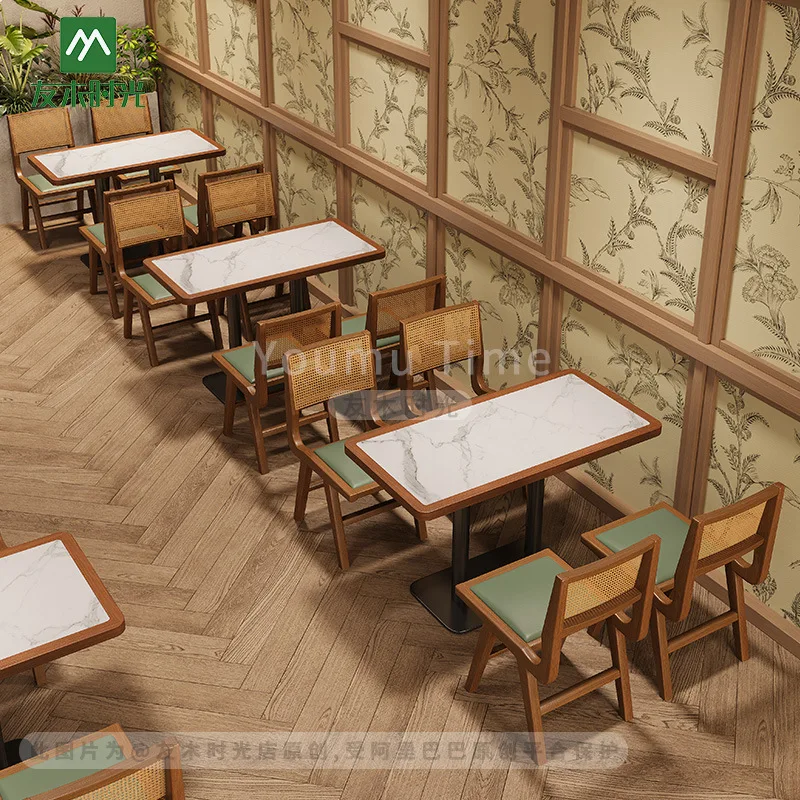 Chain Theme Restaurant Solid Wood Braided Rattan Card Seat Sofa Restaurant South East Asia Fusion Restaurant Table and Chair Com