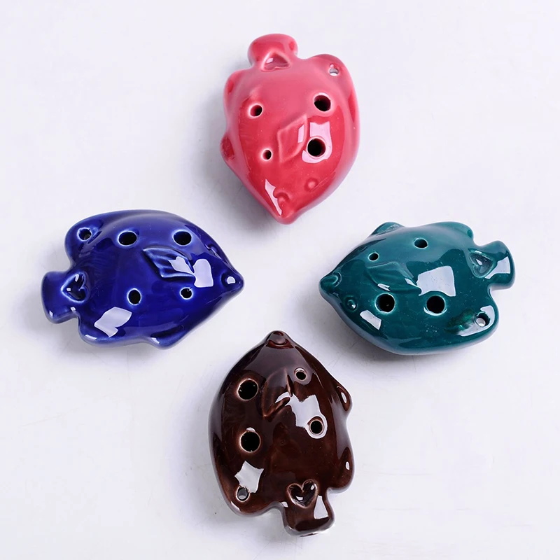 4 Colors Ocarina 6 Hole Heart-shaped Small Ocarina Alto C Tone Beginner Ocarina Tourist Souvenir Teaching Toys Ceramic Pendant