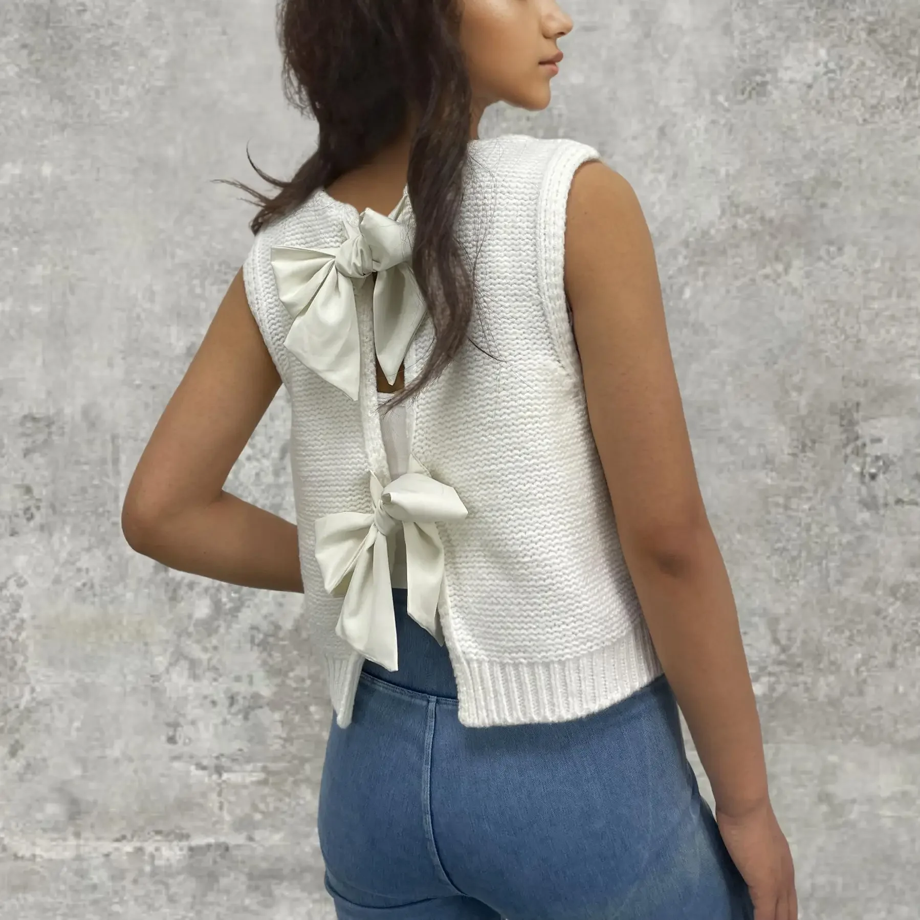 2025Women's Ort Weste Cardigan Pullover Baumwolle gestrickt vorne offen Knoten Design Farbe