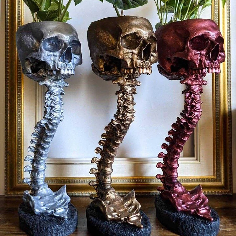 Skull Planter Spine Stand Set Goth Spooky Decor Deep Polyresin Skulls Pot Skeleton Home Decoration Scary Halloween Party Decor