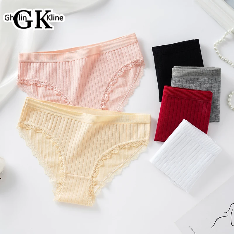 Cute GK Brand Fashion Women Panties Lovely Simple Striped Solid Color Lace Ladies Underpants Comfortable Fabric Briefs