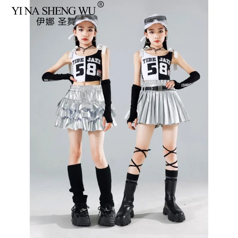 الفتيات ملابس رقص الجاز الأسود المحاصيل سترة الفضة تنورة مجموعة الاطفال الهيب هوب الجاز الملابس مجموعات الأطفال الشارع الشهير K-pop ازياء