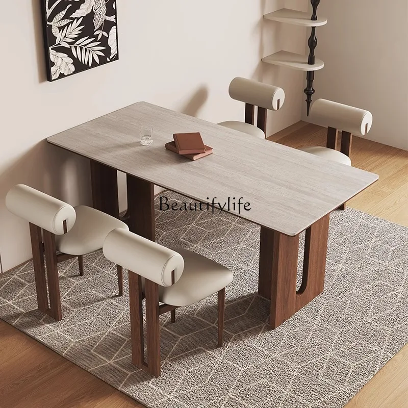 

3-Medieval travertine rock slab dining table Household small apartment black walnut dining table