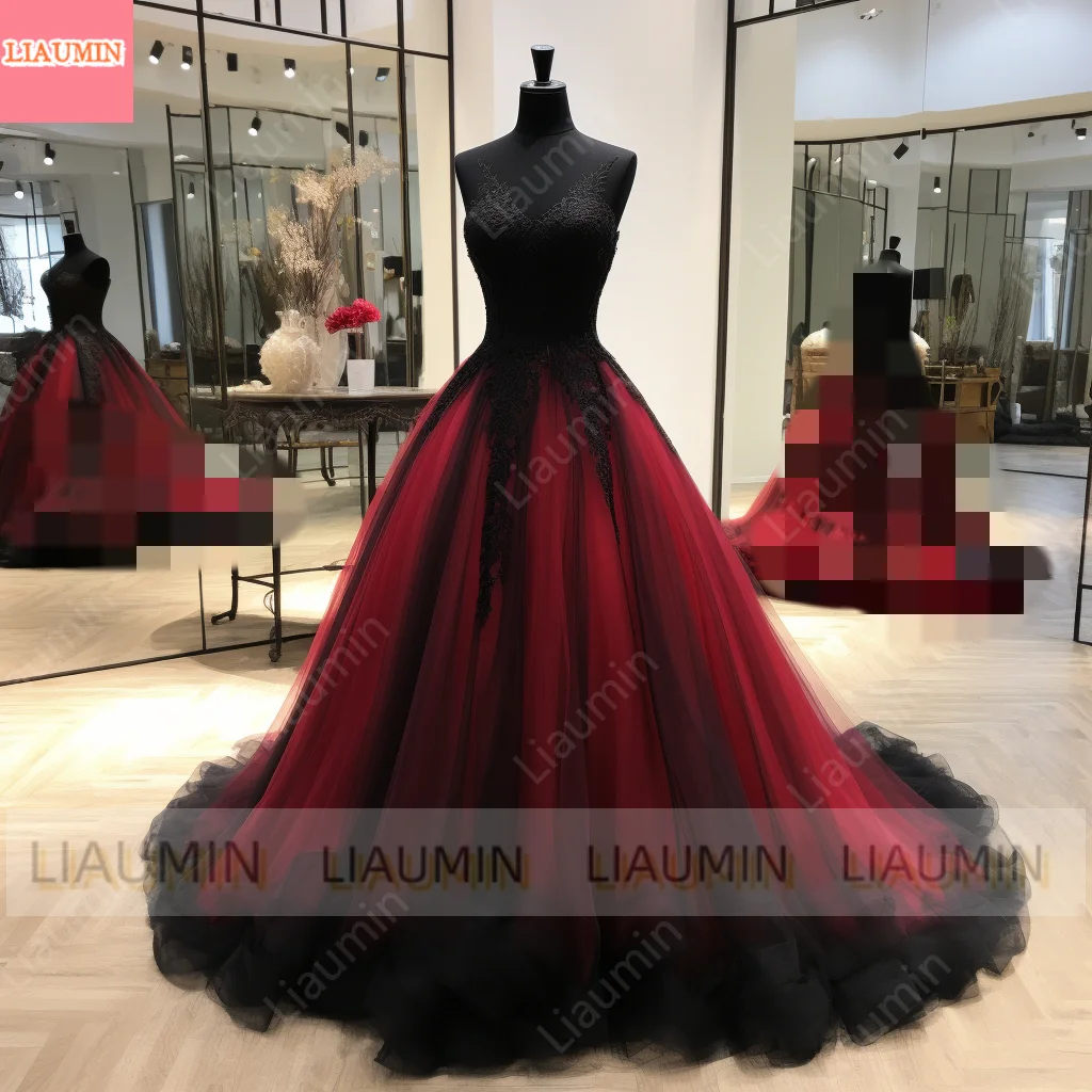 Wine Red and Black Lace Applique Tulle Sweetheart Ball Gown Floor Length Evening Formal Party Prom Dress Hand Made Custom W2-5