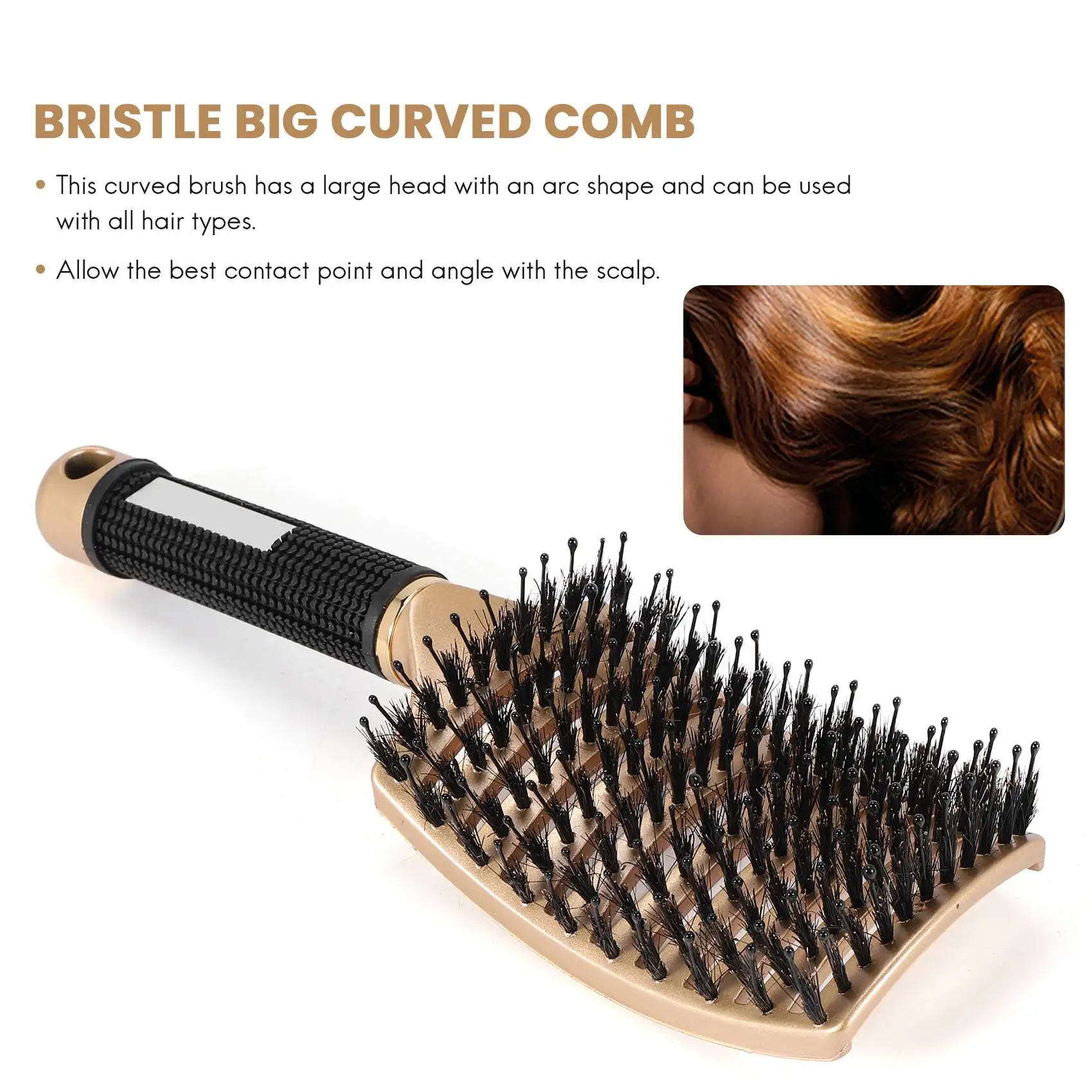 Javali escova de cabelo de cerdas para mulheres, curvo e ventilado desembaraçar escova de cabelo longo, grosso, fino, ventilação, kit presente, 1 pc