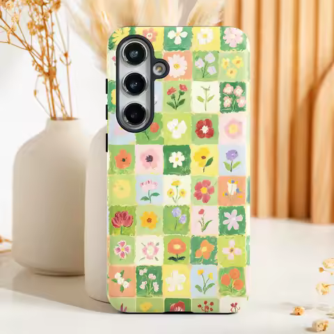 Grid Pattern Flower Case For Samsung S25 S24 S23 S22 S21 Plus Ultra S24 S20 FE A16 15 26 A36 A56 2 IN 1 Film shell Phone Cover