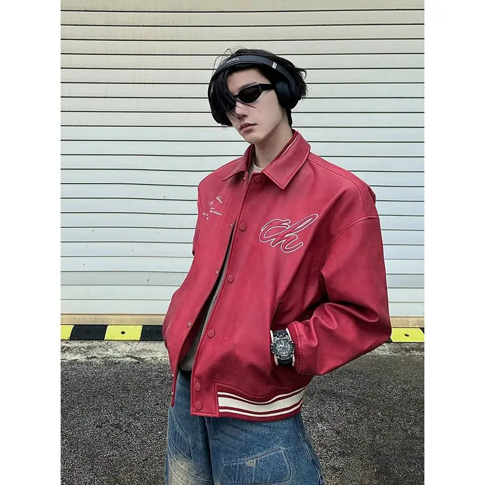 

Red PU Leather Biker Jaet Men's Trendy High-End American Flight Jaet Ma ort Collar Flip Leather Clothes for Teens