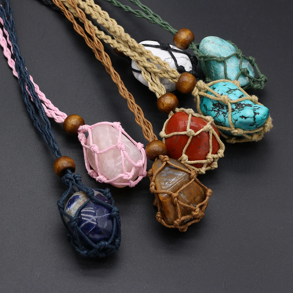 Women Necklace Natural Original Stone Net Packet Irregular Pendant Braided Rope Charms Love Romantic Gift Chain 50 CM