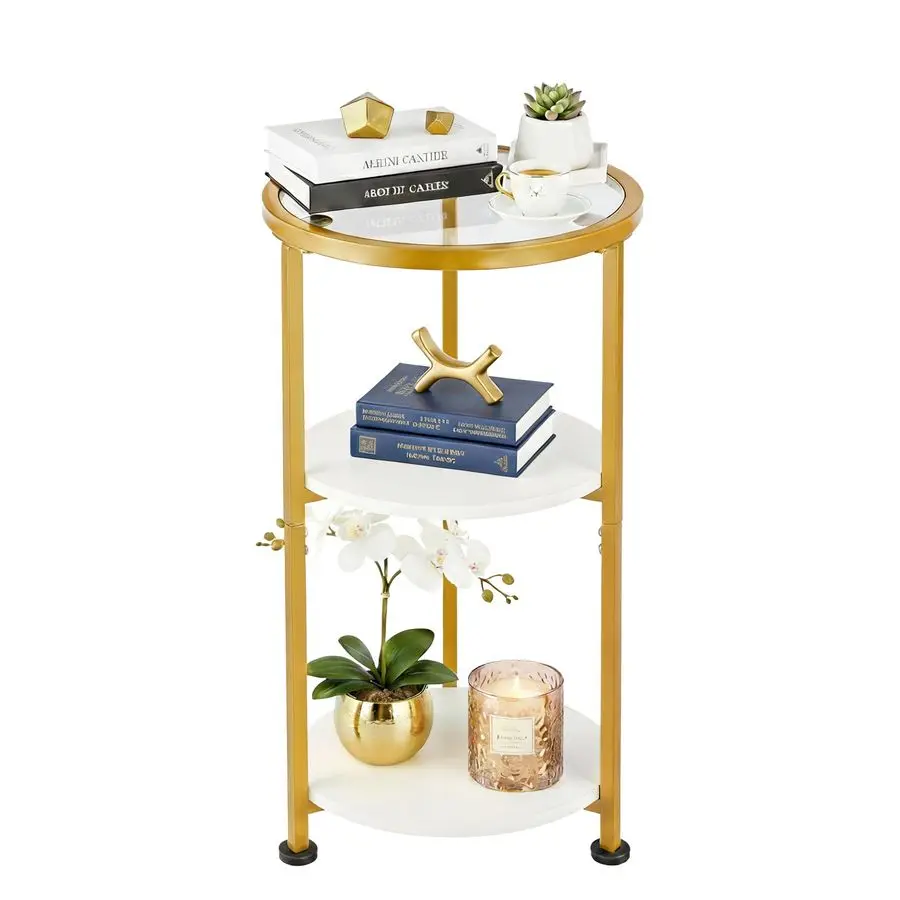 

Приставной столик, маленький круглый столик из закаленного стекла с 3-уровневыми полками для хранения для небольших помещений, современный стеклянный круглый приставной столик для