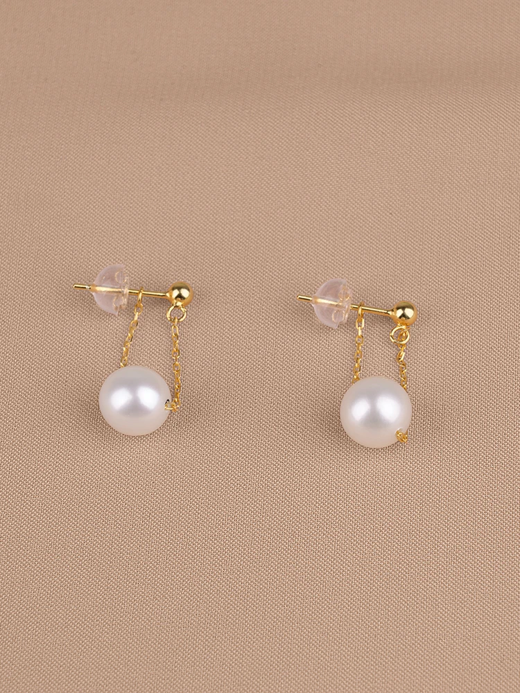 8-9mm nearround nature freshwater Pearl jewelry 925sliver with 14k golden plated Stud for Women Girl's Earring jewelry