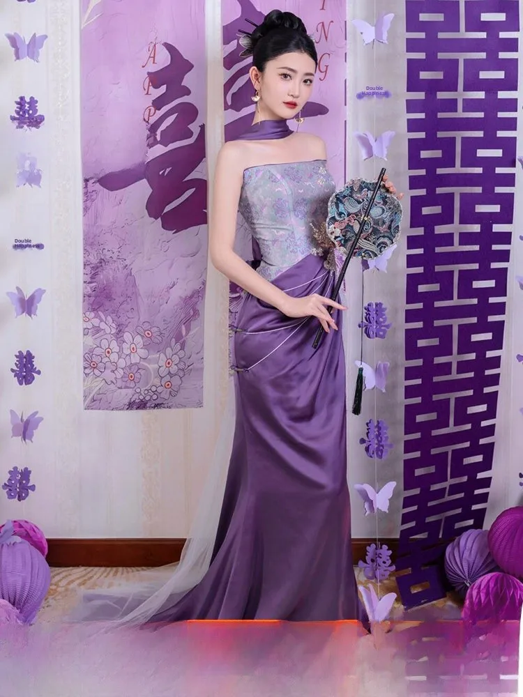 

New Chinese Style Morning Robe Women's Purple Strapless High-End Sensation Small Luxury Bride Engagement Welcome Drinking Cos...