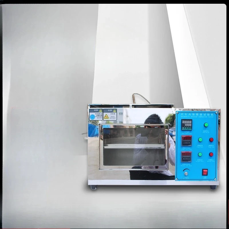 Automobile cover interior combustible peormance testing hine, -resnt material fire box, plastic flame