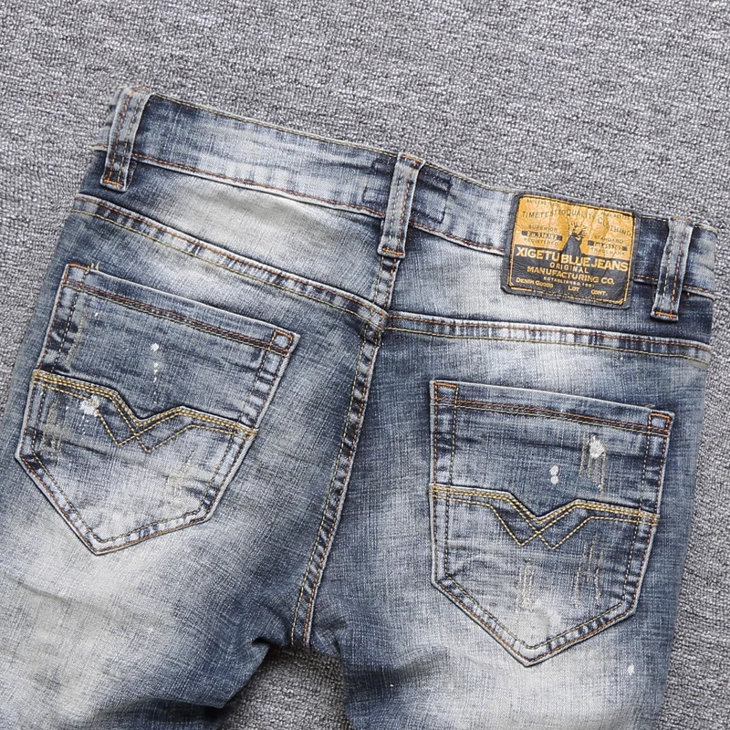 Street Fashion Men Jeans High Quality Retro Gray Blue Elastic Slim Fit Ripped Jeans Men Painted Designer Vintage Pants Hombre