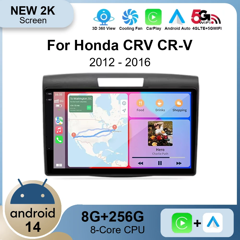 Android 14 Wireless Carplay Auto Car Radio for Honda CRV CR-V 2012 2013 2014 2015 2016 Multimedia GPS Autoradio 4G WIFI DSP