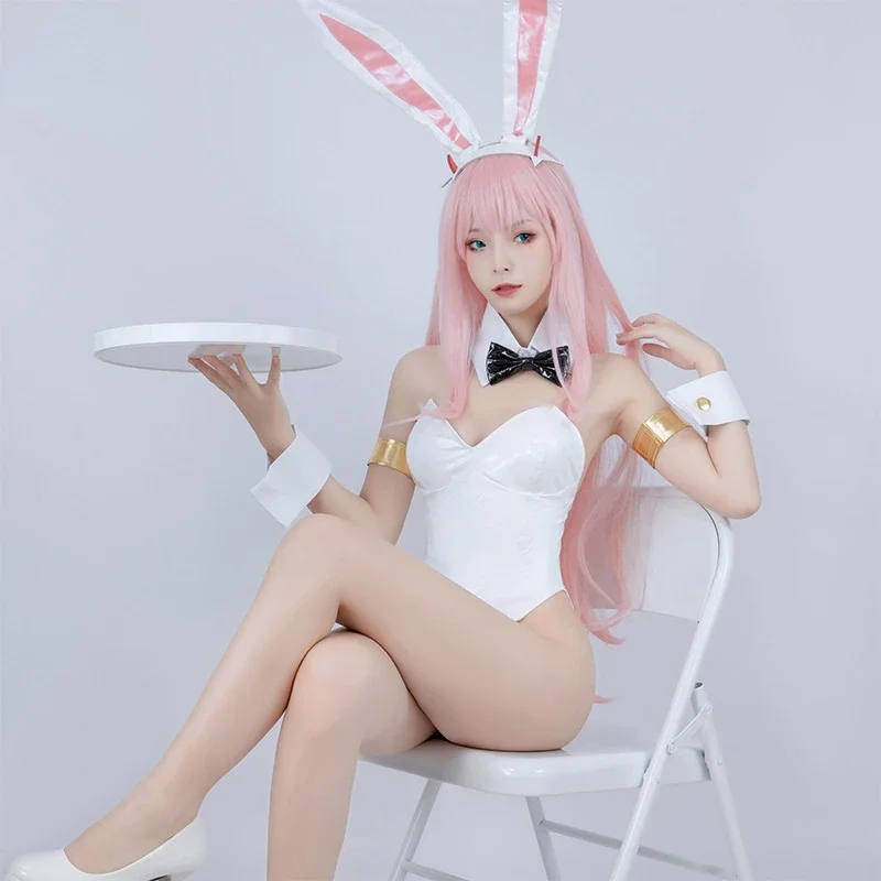 DARLING in The FRANXX National Team Female ZERO TWO 02 Cute Kawaii Bunny Girl Cosplay Costume White PU Leather Bodysuit Women