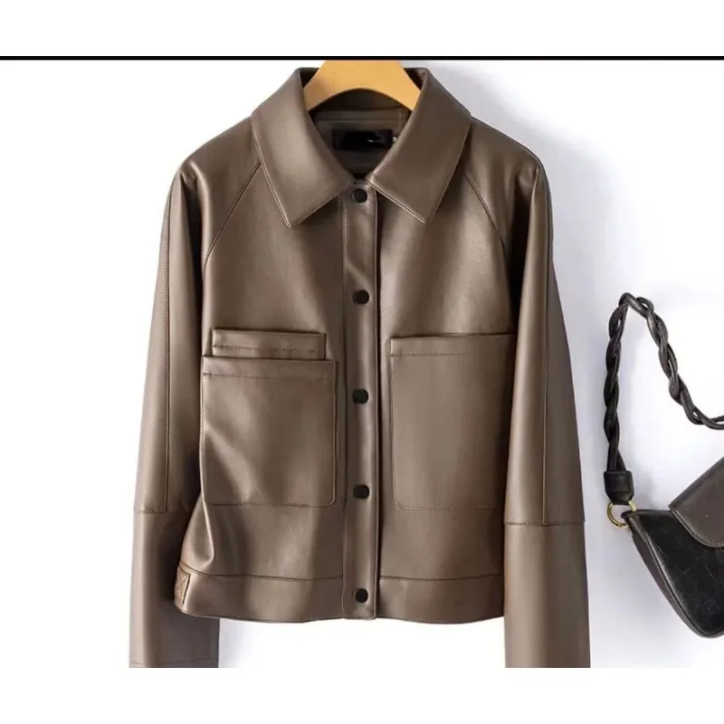 

New Autumn and Winter Solid Color Versatile Pu Leather Jacket Lapel Long Sleeve Button Interposer Bag Fashionable Cardigan