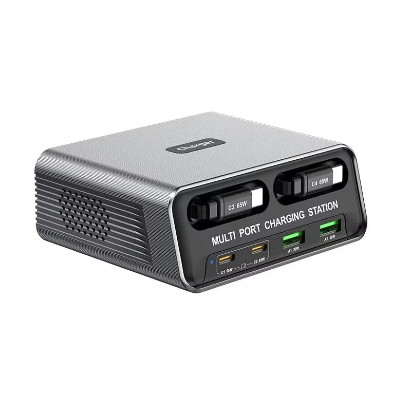 100W GaN Desktop Charging Station with 2 Retractable Cables, 6-Port USB C Fast Charger with 70cm Extendable Cord, 65W PD Laptop