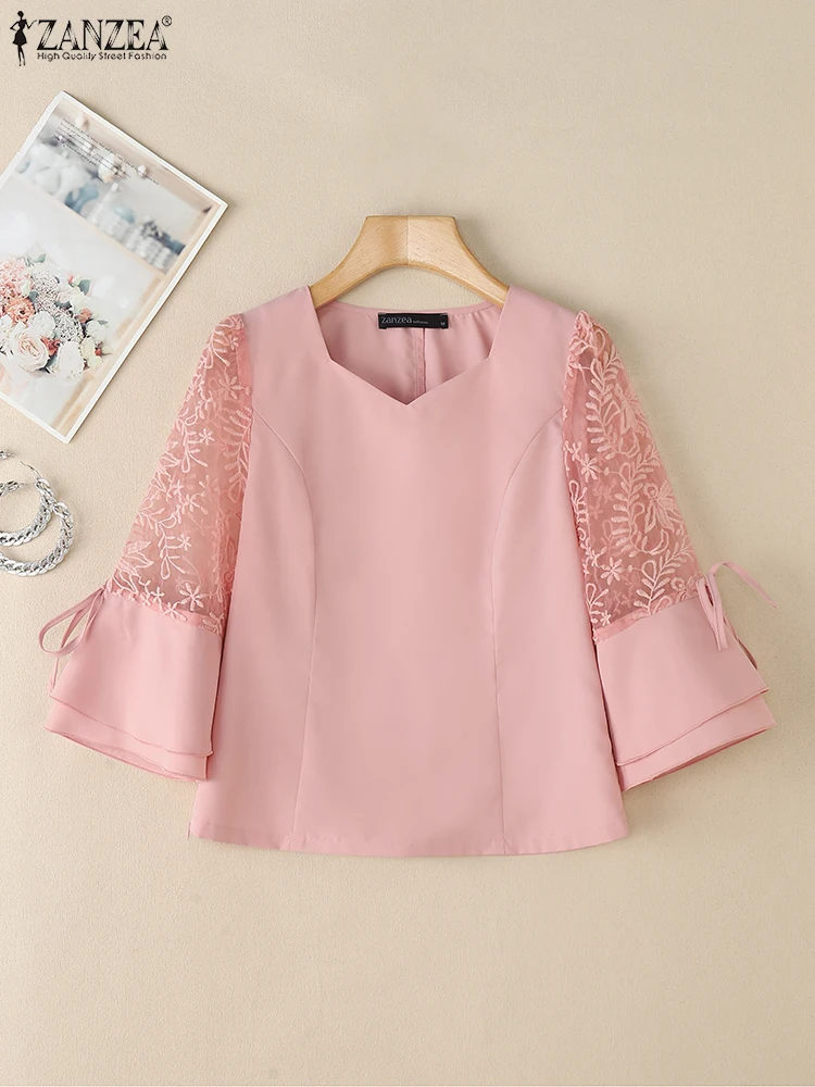 

ZANZEA Women Elegant Chic Lace Patchwork Blouses Fashion Square Neck 3/4 Sheer Sleeve Slim Fit Blusas Mujer Day Wear Solid Tops