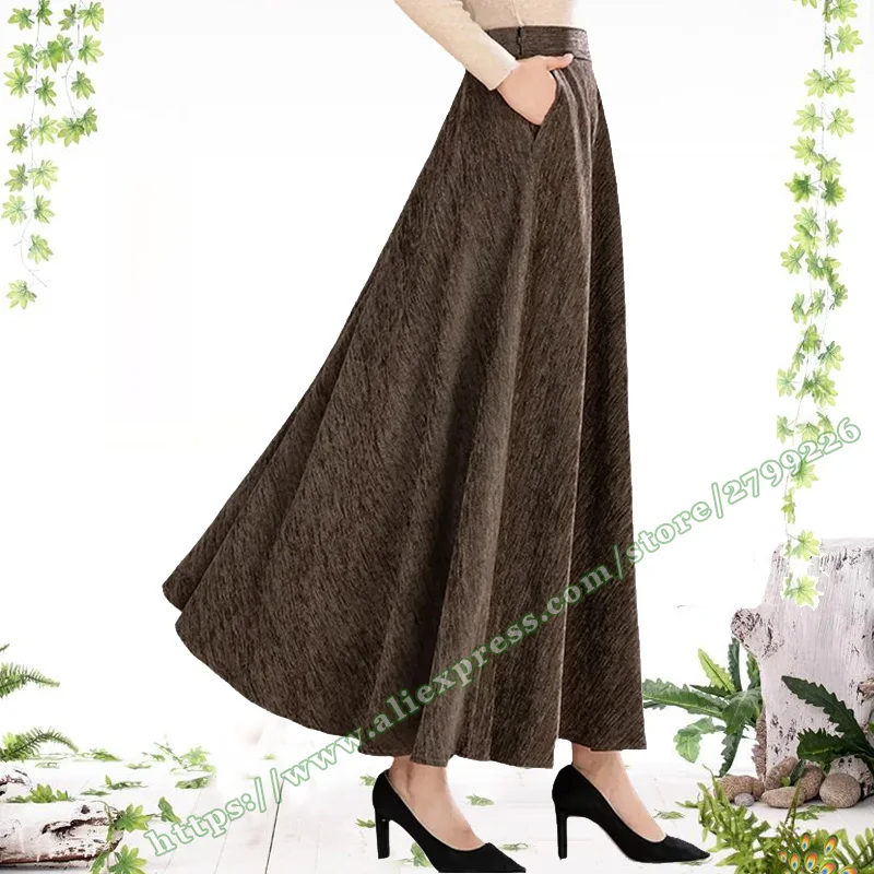 2025 Autumn Winter Warm Brown Woolen Women's A-line Skirt Retro Print Plus Size High Waist Maxi Skirts