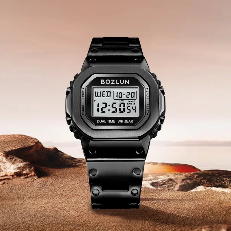 ساعة BOZLUN للأعمال الإلكترونية الرقمية المقاومة للماء للرجال والنساء، ساعة يد بسيطة من الفولاذ المقاوم للصدأ بشريط EL خفيف Reloj Hombre