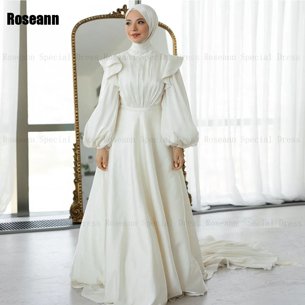 Customized Muslim Simple A-line Wedding Dresses 2025 Design High Collar Ruffle Satin Draped Pleat Bride Dress robe de mariée