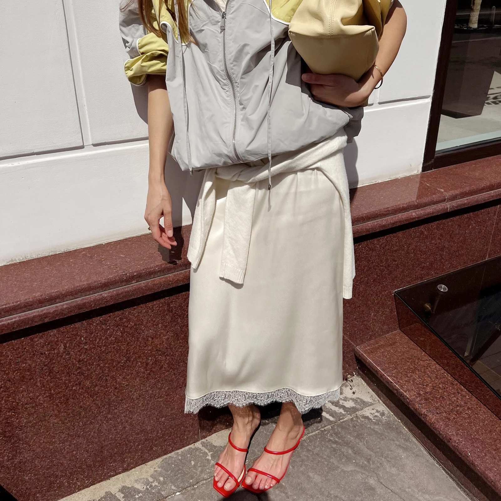 Women Yellow Half Slip Long Skirts Lace Trim Satin Midi Skirt A Line Flowy Silky Maxi Skirt for Under Dress Streetwear
