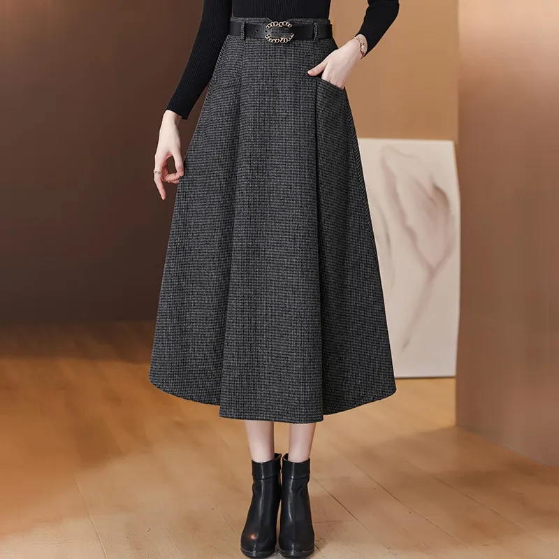 Elegant Vintage Houndstooth Fashion Thicken Winter Woolen Skirt Long Woman 2023 High Waist Loose Big Swing A-Line Saias Ladies