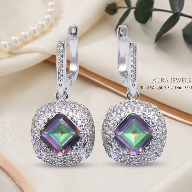 35x16mm Highly Recommend Blue Violet Tanzanite Fire Rainbow Mystic Topaz CZ Females Present Silver Dangle Earrings