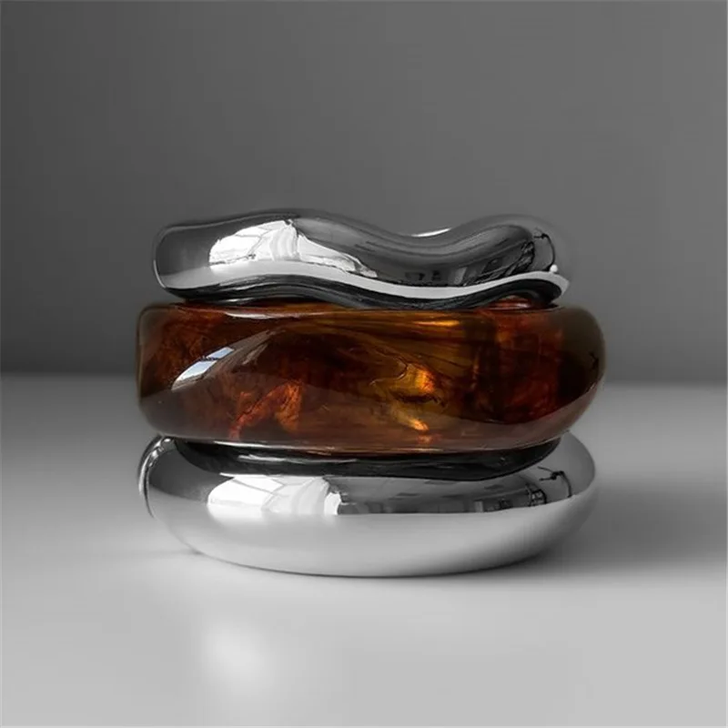 Silver Color Geometric Metal Wide Cuff Bangles for Women Men Exaggerated Resin Charms Bracelet Party Jewelry Gifts