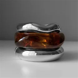 Silver Color Geometric Metal Wide Cuff Bangles for Women Men Exaggerated Resin Charms Bracelet Party Jewelry Gifts